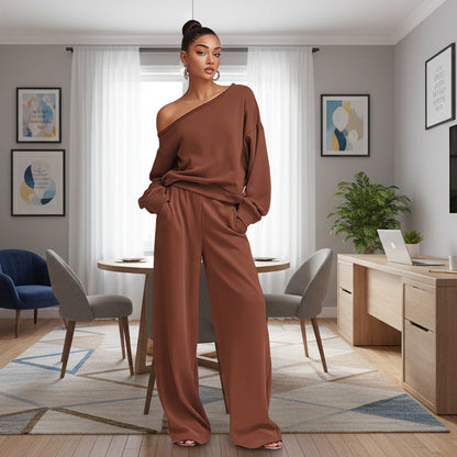 Buttery Soft Off-Shoulder 2-Piece Loungewear Set – Sloping Shoulder Knit Top & Wide Leg Pants