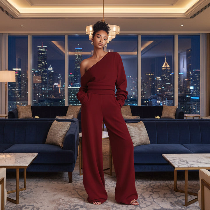 Buttery Soft Off-Shoulder 2-Piece Loungewear Set – Sloping Shoulder Knit Top & Wide Leg Pants