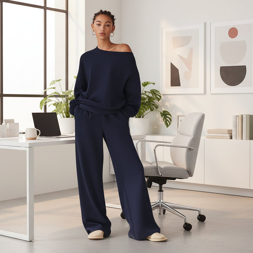 Buttery Soft Off-Shoulder 2-Piece Loungewear Set – Sloping Shoulder Knit Top & Wide Leg Pants