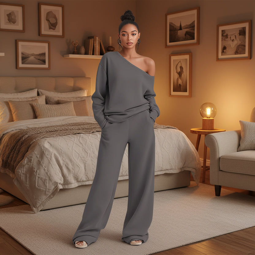 Buttery Soft Off-Shoulder 2-Piece Loungewear Set – Sloping Shoulder Knit Top & Wide Leg Pants