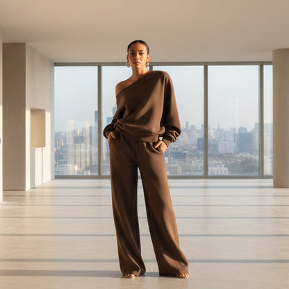 Buttery Soft Off-Shoulder 2-Piece Loungewear Set – Sloping Shoulder Knit Top & Wide Leg Pants