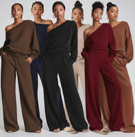 Buttery Soft Off-Shoulder 2-Piece Loungewear Set – Sloping Shoulder Knit Top & Wide Leg Pants