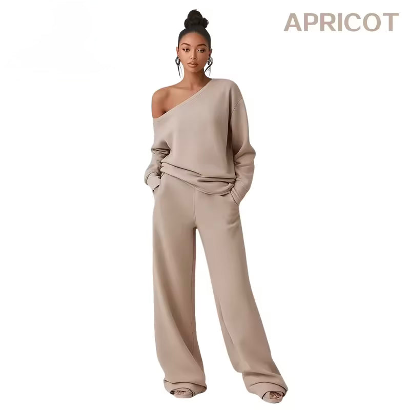 Buttery Soft Off-Shoulder 2-Piece Loungewear Set – Sloping Shoulder Knit Top & Wide Leg Pants