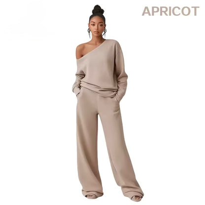 Buttery Soft Off-Shoulder 2-Piece Loungewear Set – Sloping Shoulder Knit Top & Wide Leg Pants