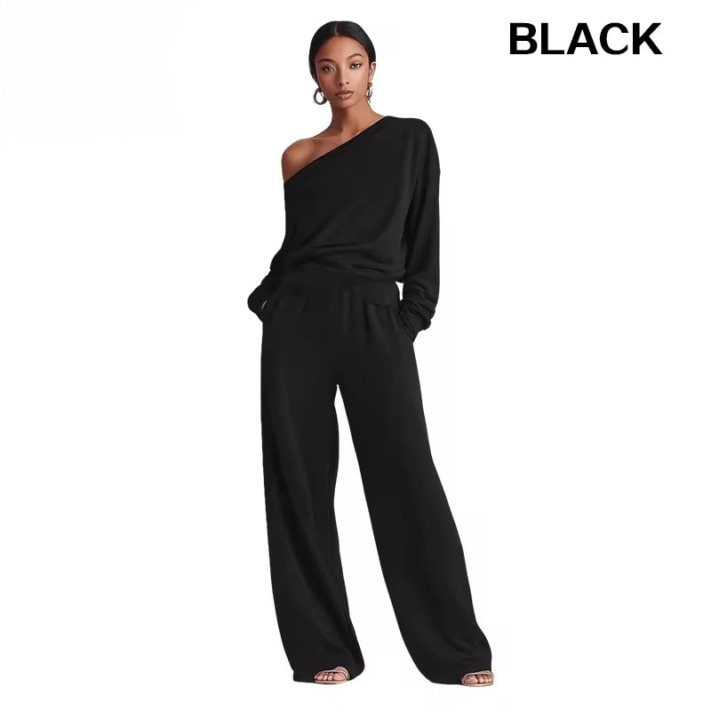 Buttery Soft Off-Shoulder 2-Piece Loungewear Set – Sloping Shoulder Knit Top & Wide Leg Pants