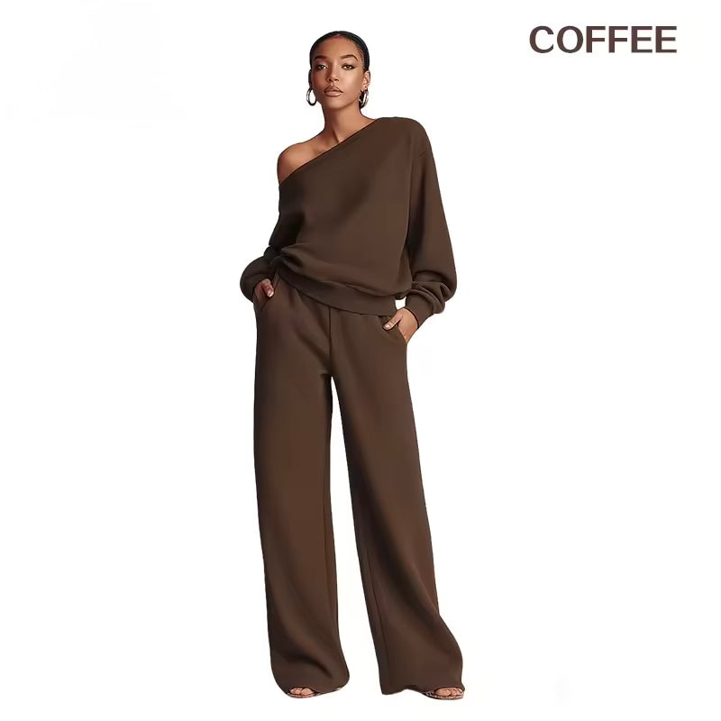 Buttery Soft Off-Shoulder 2-Piece Loungewear Set – Sloping Shoulder Knit Top & Wide Leg Pants