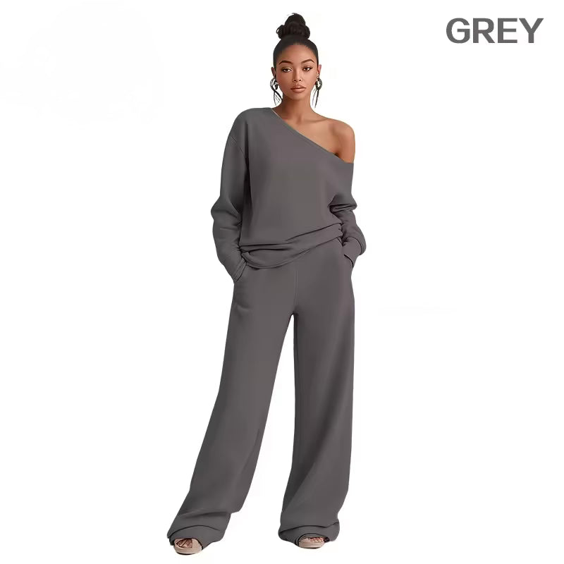 Buttery Soft Off-Shoulder 2-Piece Loungewear Set – Sloping Shoulder Knit Top & Wide Leg Pants