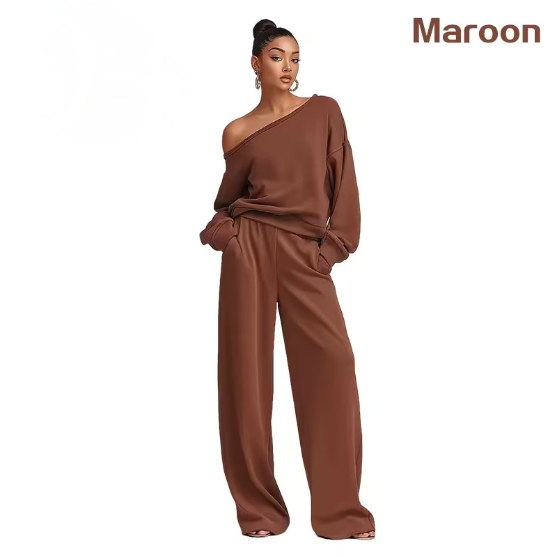 Buttery Soft Off-Shoulder 2-Piece Loungewear Set – Sloping Shoulder Knit Top & Wide Leg Pants
