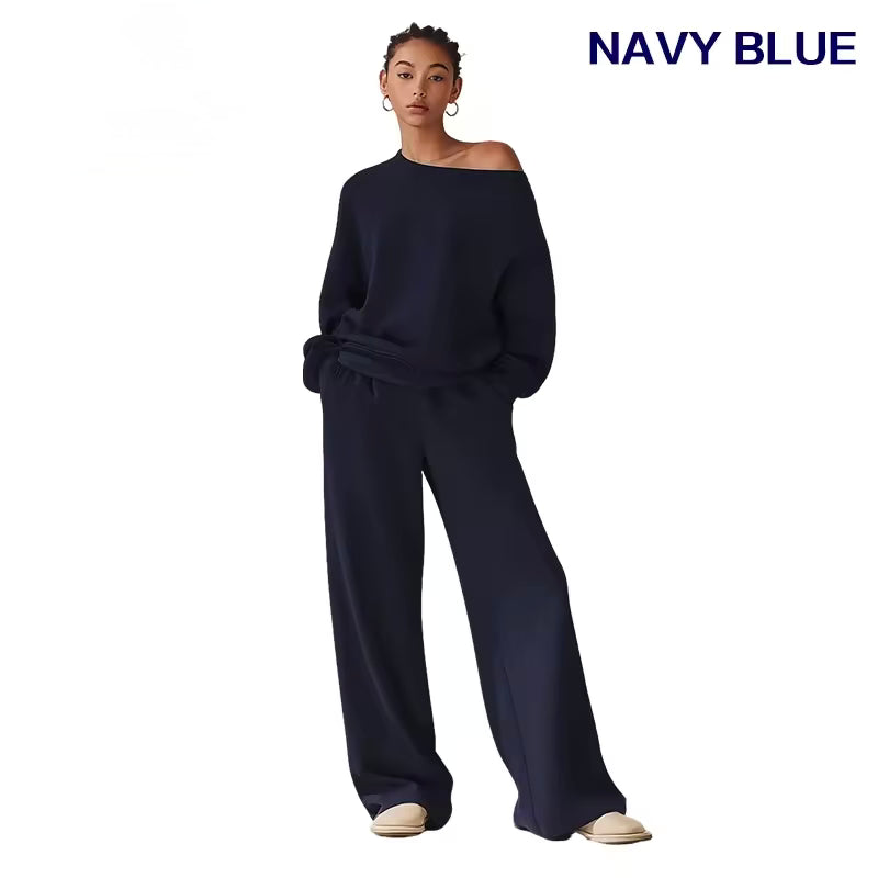 Buttery Soft Off-Shoulder 2-Piece Loungewear Set – Sloping Shoulder Knit Top & Wide Leg Pants