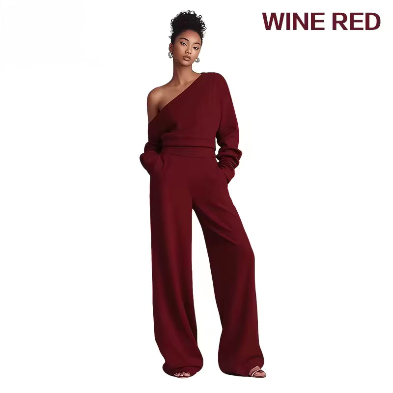 Buttery Soft Off-Shoulder 2-Piece Loungewear Set – Sloping Shoulder Knit Top & Wide Leg Pants